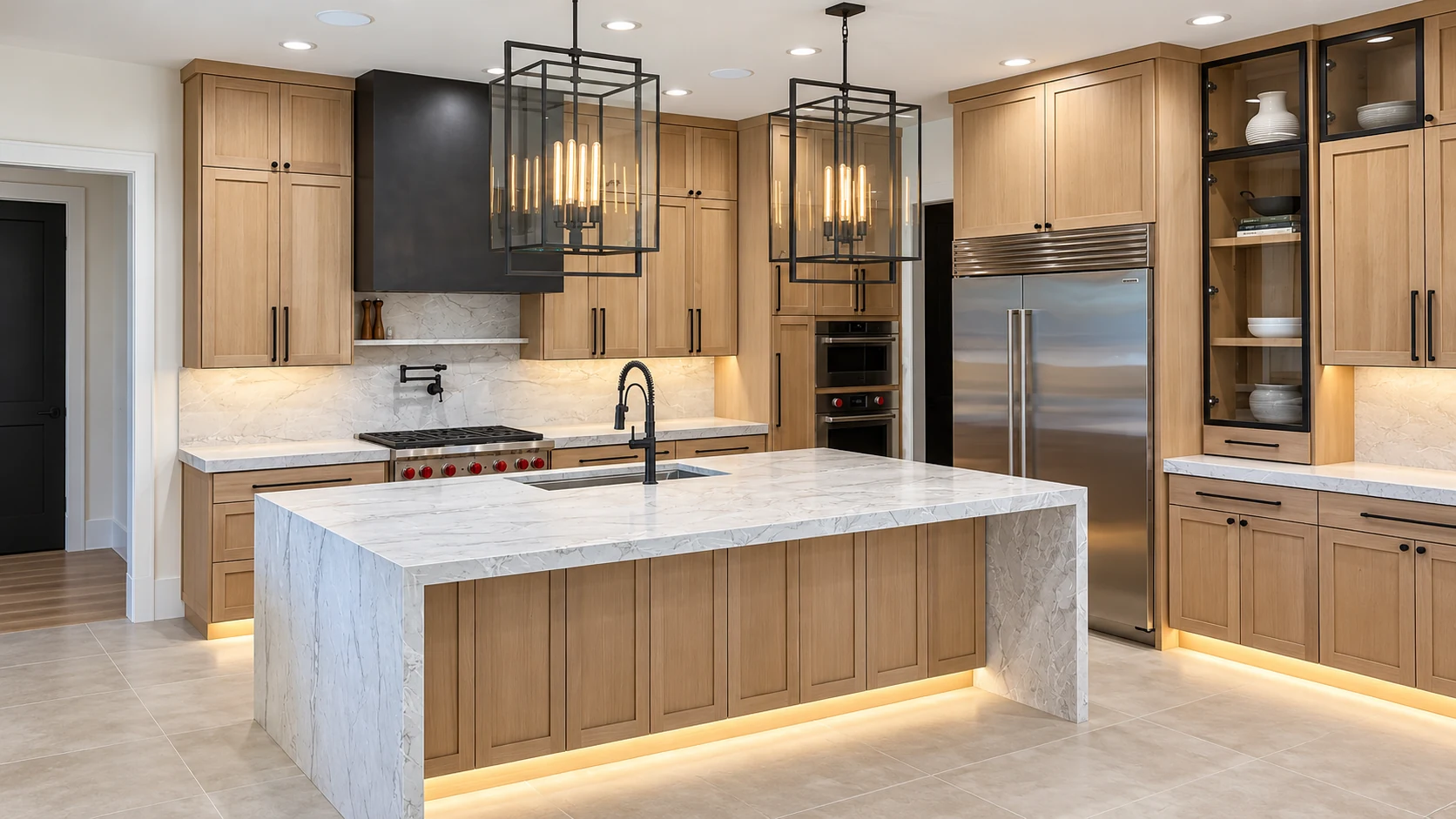 Kitchen with wood cabinets and a stone waterfall island